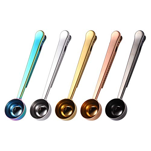 MIUVA Set of 5 Coffee Scoop Clip,2-in-1 Stainless Steel Coffee Measuring Spoon with Sealing Clips, Kitchen Craft Long Handle Spoon Bag Clip for Coffee, Milk Powder, Oatmeal, Tea,Spices -Multicolor - Image 1
