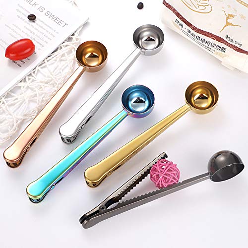 MIUVA Set of 5 Coffee Scoop Clip,2-in-1 Stainless Steel Coffee Measuring Spoon with Sealing Clips, Kitchen Craft Long Handle Spoon Bag Clip for Coffee, Milk Powder, Oatmeal, Tea,Spices -Multicolor - Image 2