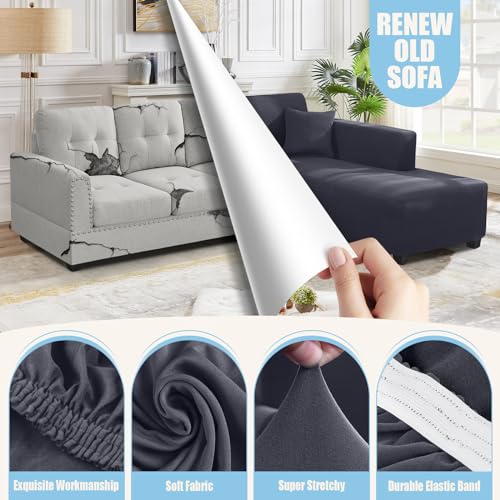 KinCam Sectional Couch Covers L Shape Sofa Covers Super Stretch 2pcs Sofa Slipcovers for 3 + 3 Seaters Sectional Chaise Slipcover with 2pcs Pillow Covers for Pets Kids, Dark Grey - Image 2