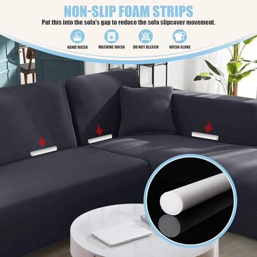 KinCam Sectional Couch Covers L Shape Sofa Covers Super Stretch 2pcs Sofa Slipcovers for 3 + 3 Seaters Sectional Chaise Slipcover with 2pcs Pillow Covers for Pets Kids, Dark Grey - Image 4