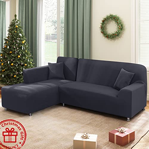 KinCam Sectional Couch Covers L Shape Sofa Covers Super Stretch 2pcs Sofa Slipcovers for 3 + 3 Seaters Sectional Chaise Slipcover with 2pcs Pillow Covers for Pets Kids, Dark Grey - Image 5