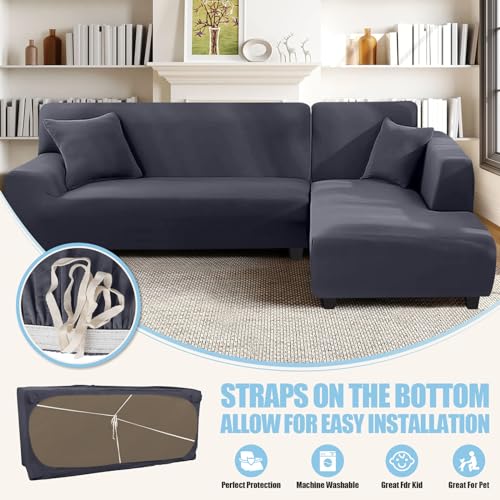 KinCam Sectional Couch Covers L Shape Sofa Covers Super Stretch 2pcs Sofa Slipcovers for 3 + 3 Seaters Sectional Chaise Slipcover with 2pcs Pillow Covers for Pets Kids, Dark Grey - Image 3