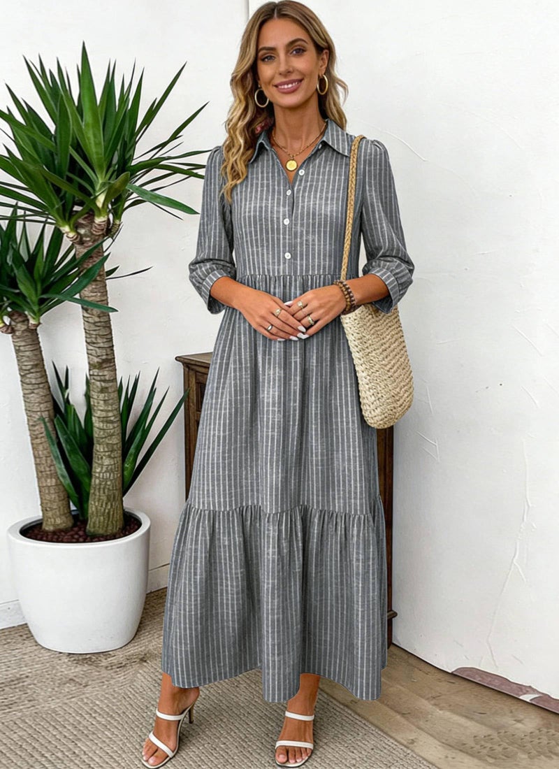 XNC Women's Striped Maxi Dresses 2026 Summer Fashion Collared Boho Dress Print 3/4 Sleeve Work Dress with Pockets Gray - Image 2