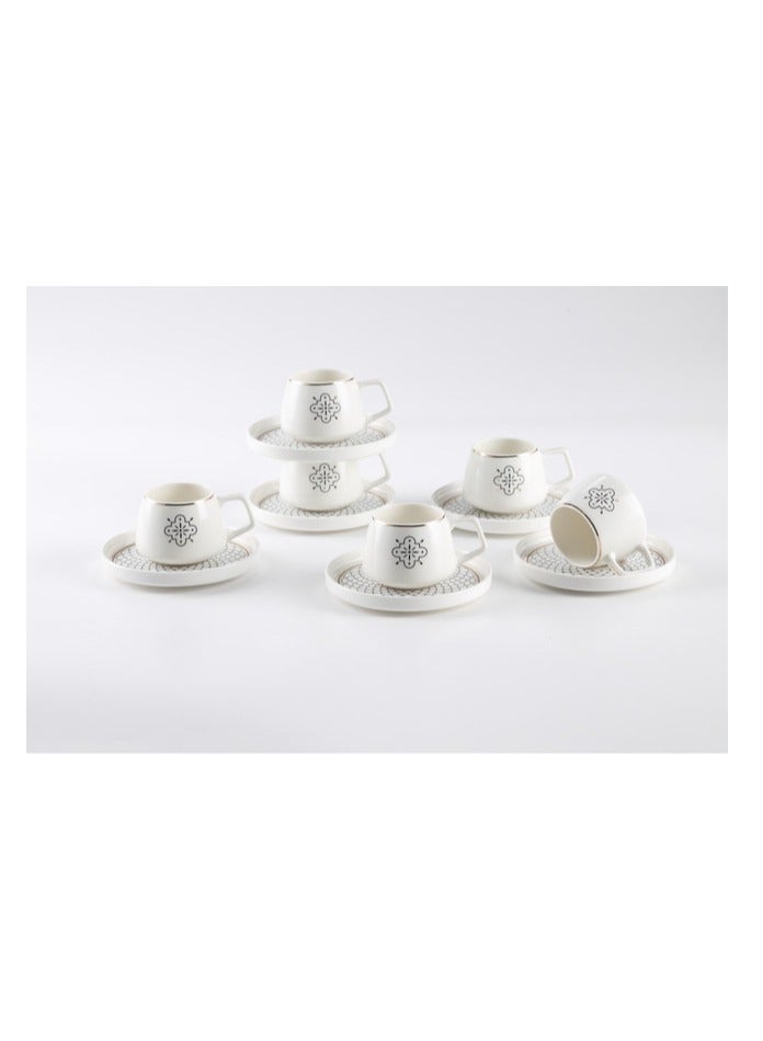 Shallow New Bone China Mona Coffee Cup & Saucer Set, 100ml (White, 6 Cups, 6 Saucer) - Image 1