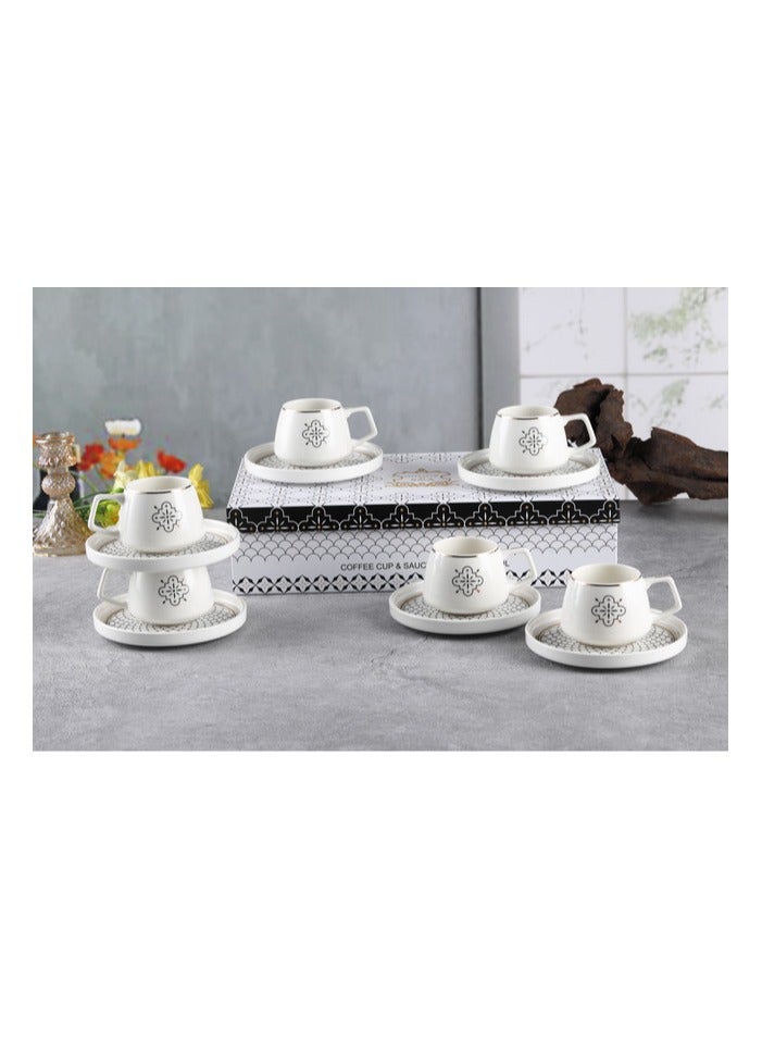 Shallow New Bone China Mona Coffee Cup & Saucer Set, 100ml (White, 6 Cups, 6 Saucer) - Image 2