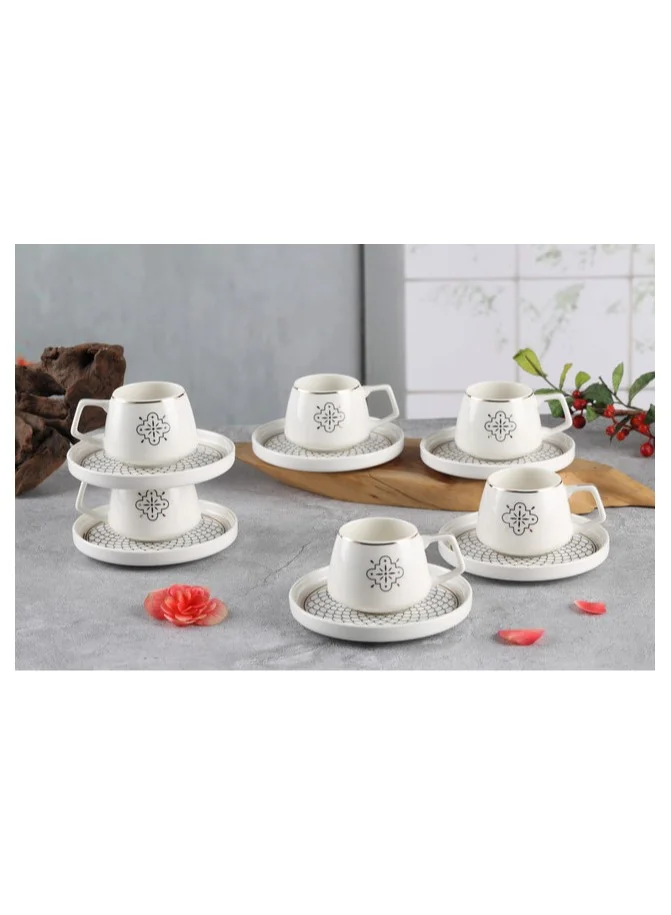 Shallow Shallow New Bone China Mona Coffee Cup & Saucer Set, 100ml (White, 6 Cups, 6 Saucer)