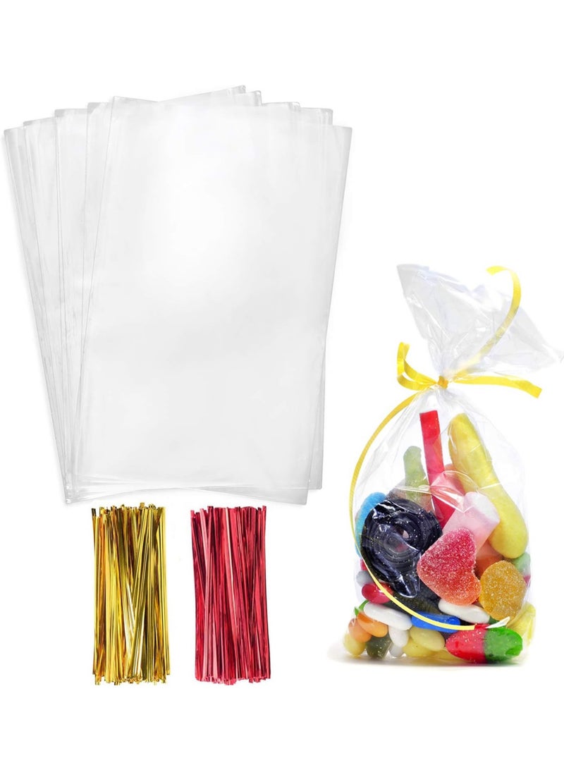 Cellophane Treat Bags, Clear Cellophane Bags 200 Pcs OPP Plastic Treat Bags with 200 Twist Ties for Gift Wrapping,Packaging Candies,Dessert,Bakery, Cookies, Chocolate,Party Favor 12.5x27.5 Cm - Image 1
