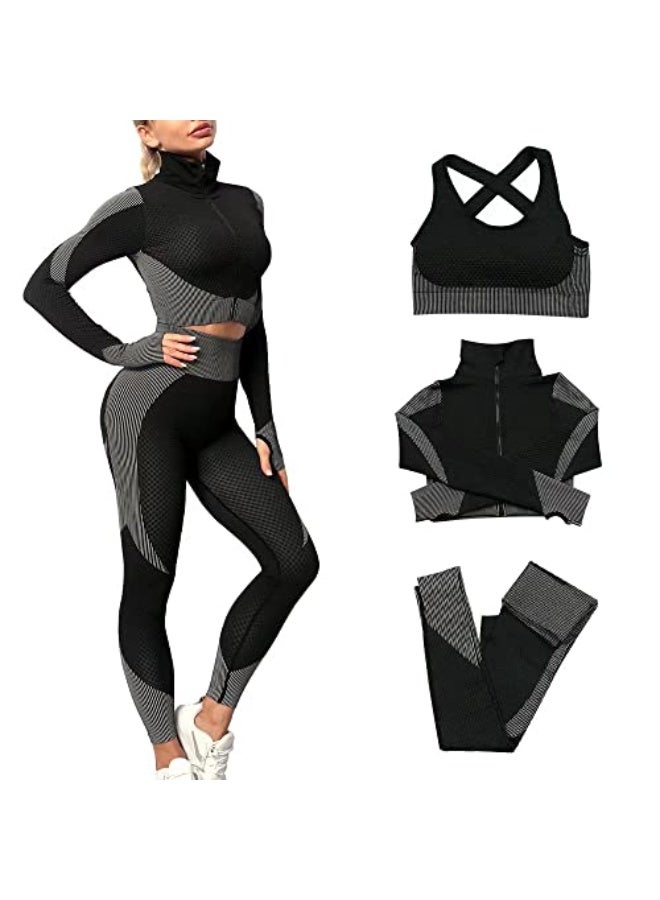 NIBEMINENT Women's 3pcs Seamless Workout Outfits Sets, Yoga Sportswear Tracksuit Leggings and Stretch Sports Bra Fitness - Image 1