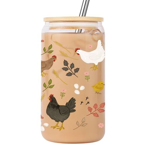 Lovearth 16 oz Cottagecore Glass Cup w/Lid & Straw, Funny Chicken Gifts for Chicken Lovers, Women, Men, Owners, Mom, Her, Farmer, Crazy Chicken Lady Gifts, Cute Mothers Day, Farmhouse, Rooster Decor - Image 1