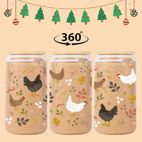 Lovearth 16 oz Cottagecore Glass Cup w/Lid & Straw, Funny Chicken Gifts for Chicken Lovers, Women, Men, Owners, Mom, Her, Farmer, Crazy Chicken Lady Gifts, Cute Mothers Day, Farmhouse, Rooster Decor - Image 2