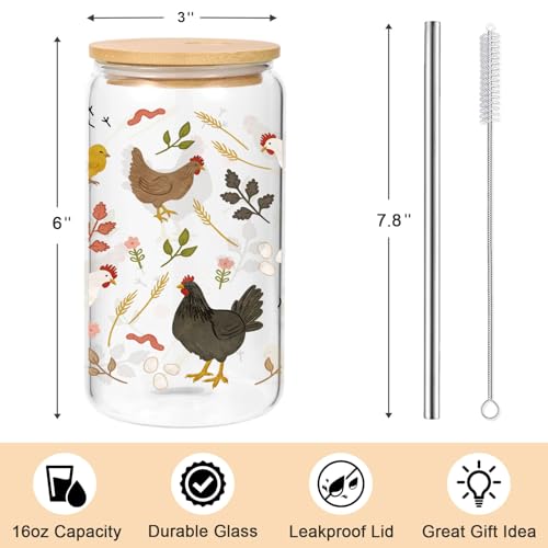 Lovearth 16 oz Cottagecore Glass Cup w/Lid & Straw, Funny Chicken Gifts for Chicken Lovers, Women, Men, Owners, Mom, Her, Farmer, Crazy Chicken Lady Gifts, Cute Mothers Day, Farmhouse, Rooster Decor - Image 4