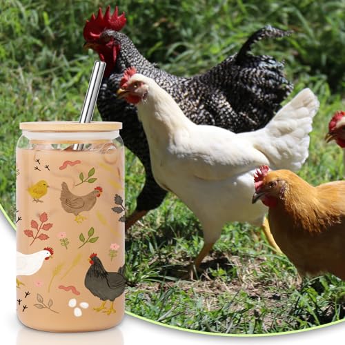 Lovearth 16 oz Cottagecore Glass Cup w/Lid & Straw, Funny Chicken Gifts for Chicken Lovers, Women, Men, Owners, Mom, Her, Farmer, Crazy Chicken Lady Gifts, Cute Mothers Day, Farmhouse, Rooster Decor - Image 3