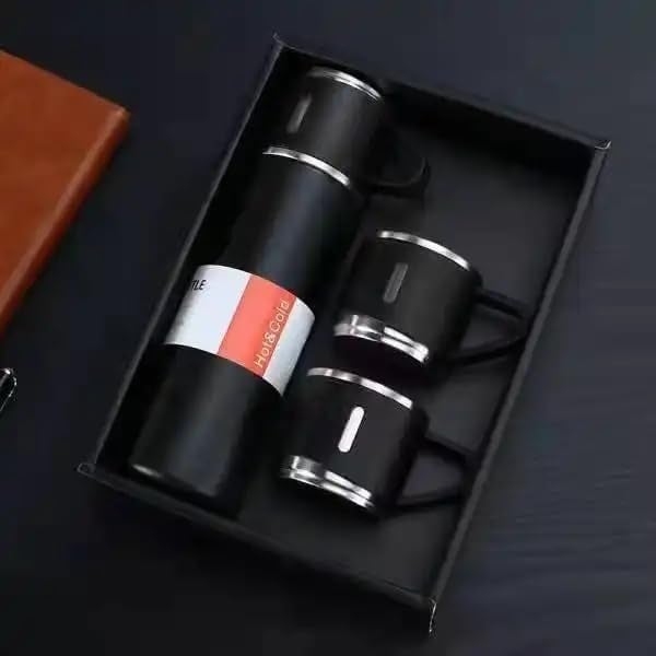 Becharaji Double Wall Stainless Steel Thermo 500ml Vacuum Insulated Bottle Water Flask Gift Set with Two Cups Hot Cold Assorted Color Diwali Gifts for Employees Corporate Gift Items Black - Image 5
