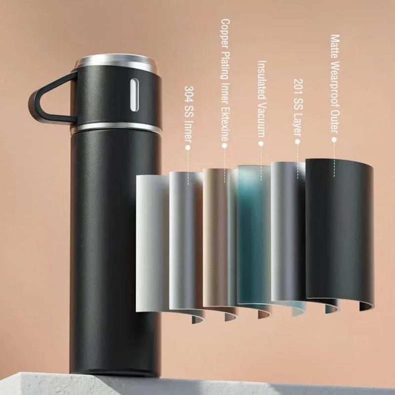 Becharaji Double Wall Stainless Steel Thermo 500ml Vacuum Insulated Bottle Water Flask Gift Set with Two Cups Hot Cold Assorted Color Diwali Gifts for Employees Corporate Gift Items Black - Image 2