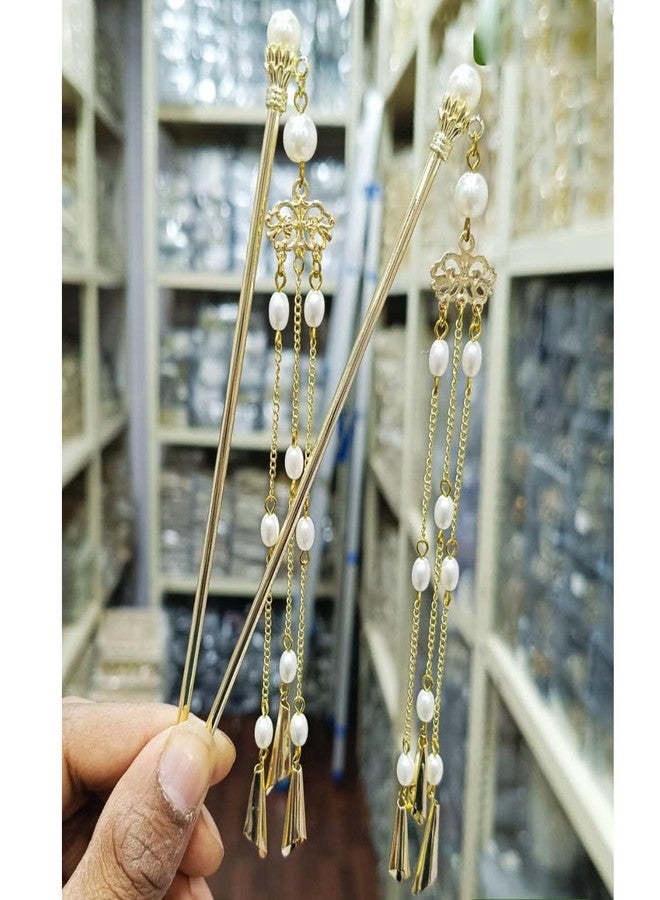 Ashkash 2 Set Pearl Ancient Style Wind Chimes Tassel Hairpin, Women's New Chinese-Style Back-of-Head Bun Hair Stick, Themed Party Vintage Versatile Fashion Hair Accessory - Image 1