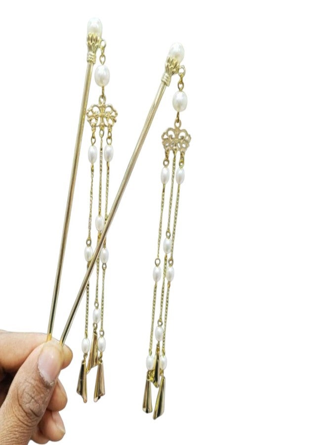 Ashkash 2 Set Pearl Ancient Style Wind Chimes Tassel Hairpin, Women's New Chinese-Style Back-of-Head Bun Hair Stick, Themed Party Vintage Versatile Fashion Hair Accessory - Image 2