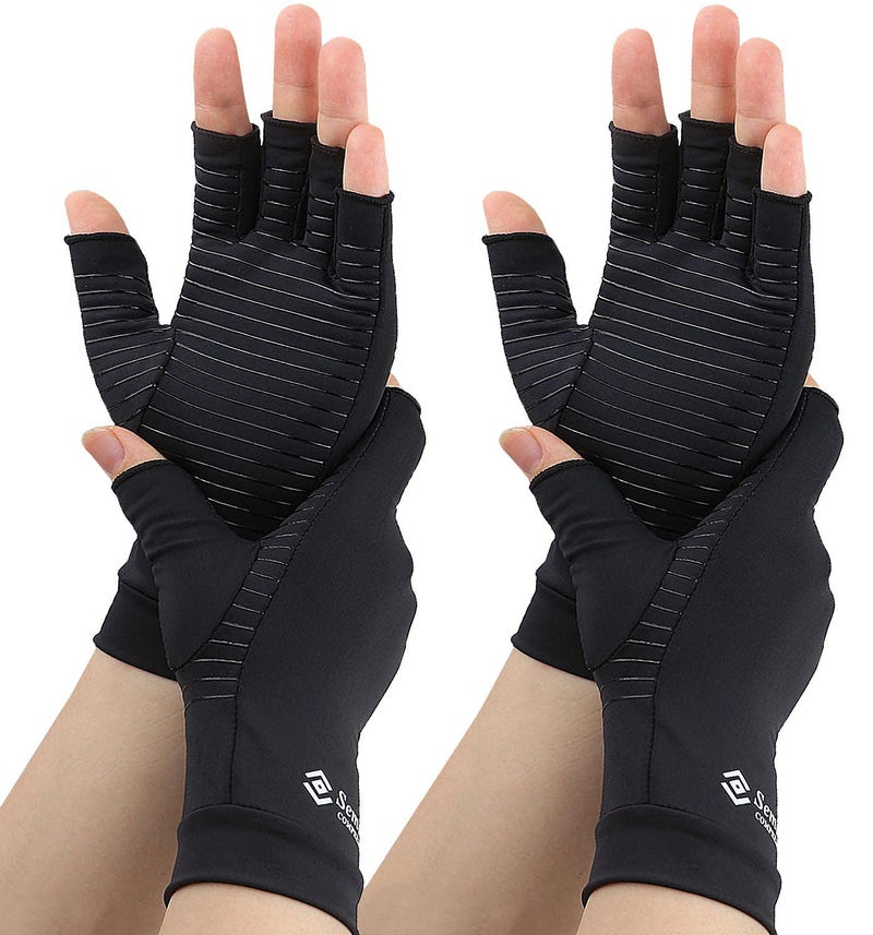 2 Pairs Compression Gloves for Women and Men Fingerless Copper Arthritis Gloves for Rheumatoid Arthritis Osteoarthritis Carpal Tunnel Hand Pain Relief and Support Open Finger Black Medium