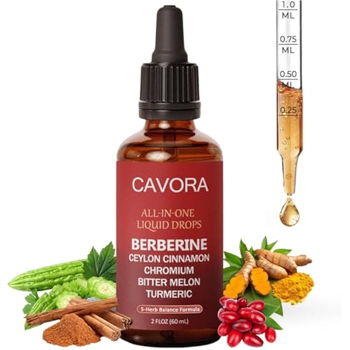 Cavora Ceylon Cinnamon Berberine Liquid Drops - with Bitter Melon Extract, Turmeric, Chromium, Gymnema, Organic Panax Ginseng & Moringa - Vegan, Non-GMO - 2 Fl Oz (60 ML) (1pc) - Image 1