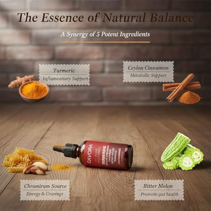 Cavora Ceylon Cinnamon Berberine Liquid Drops - with Bitter Melon Extract, Turmeric, Chromium, Gymnema, Organic Panax Ginseng & Moringa - Vegan, Non-GMO - 2 Fl Oz (60 ML) (1pc) - Image 4
