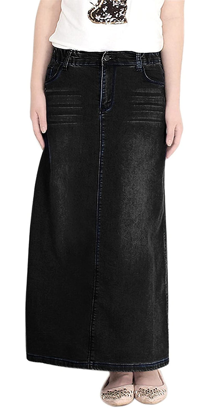 chouyatou Women's Casual Stretch Waist Washed Denim A-line Maxi Skirt (Small, Black) - Image 4