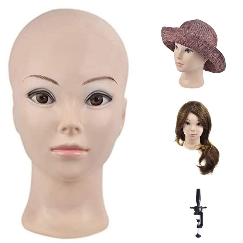 Ba Sha Bald Mannequin Head Beige Female Professional Cosmetology Manikin Doll head for Wigs Making Wig Display Hat Display Glasses Display with Free Clamp - Image 1