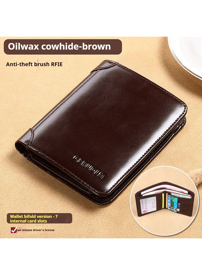 GERUOLA Men'S Wallet, Genuine Leather Wallet, Driver'S License Wallet, Short Men'S Cowhide Coffee - Two-Fold Version - First Layer Waxed Cowhide (Anti-Theft Brush) - Image 1