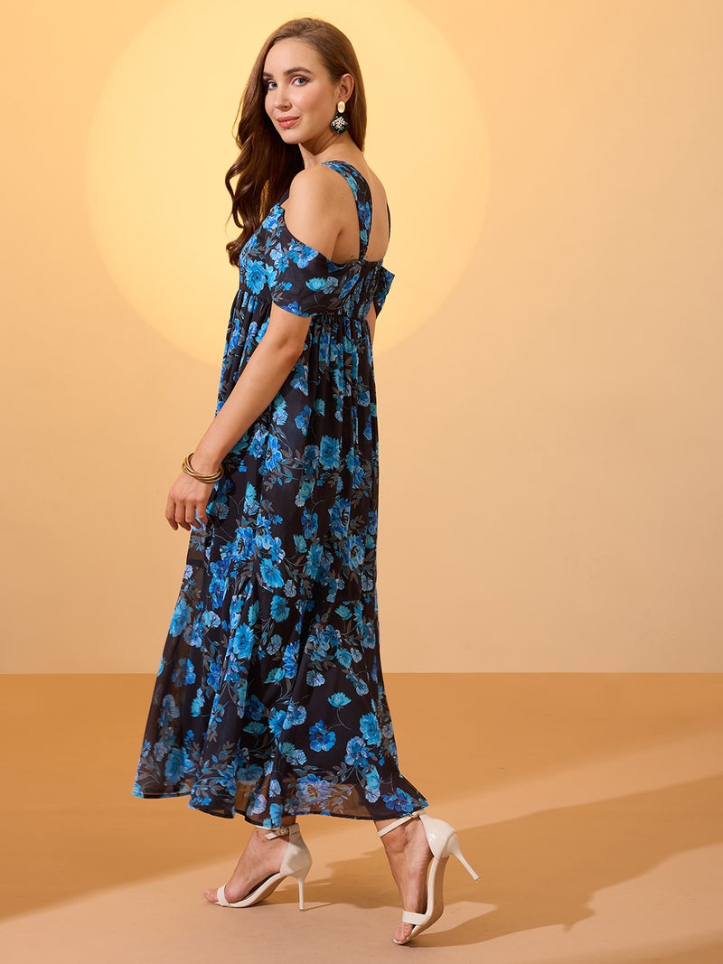 globus Globus Women Blue Floral Printed Square Neck Cold Shoulder Sleeves Smocked Fit & Flare Maxi Dress  - Image 5
