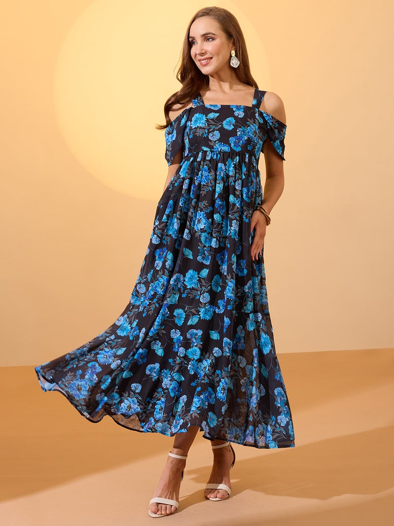 globus Globus Women Blue Floral Printed Square Neck Cold Shoulder Sleeves Smocked Fit & Flare Maxi Dress  - Image 1
