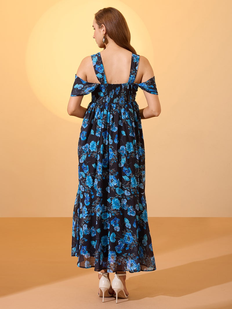 globus Globus Women Blue Floral Printed Square Neck Cold Shoulder Sleeves Smocked Fit & Flare Maxi Dress  - Image 3