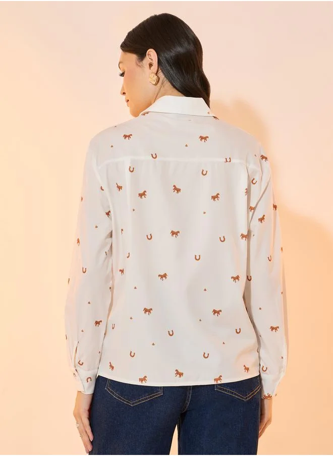 تايك تو All-Over Print Long Sleeve Collared Shirt