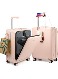 Heartales 20'' Carry On Luggage bag with Cup phone mobile Holder & Charger and TSA Lock, Trolley with Front Laptop Pocket compartment & USB Port, Aluminum Frame PC Travel Suitcase, Spinner Wheels-Pink