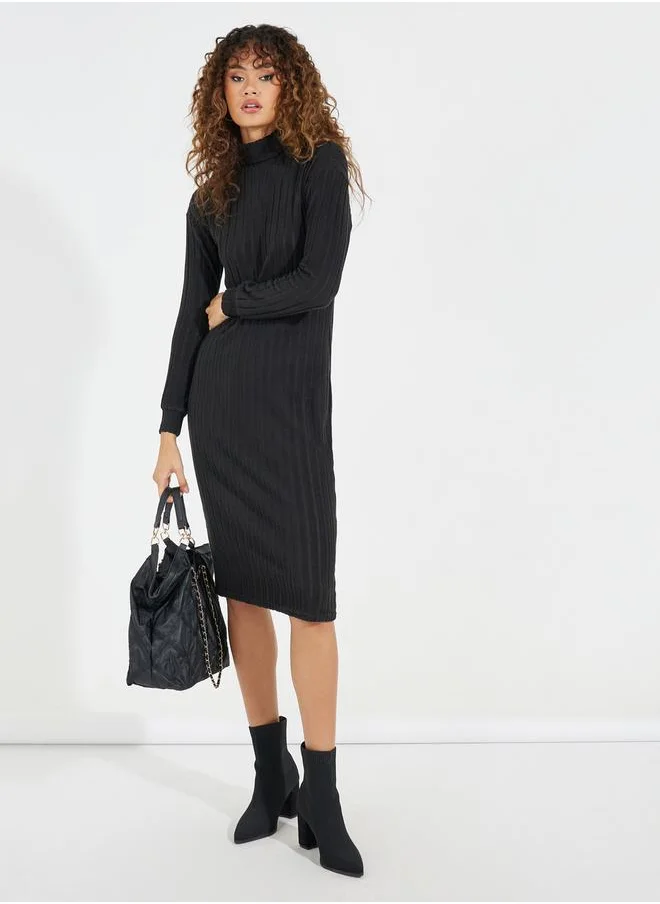 Styli Rib Turtle Neck Bodycon Midi Dress with Dropped Shoulder