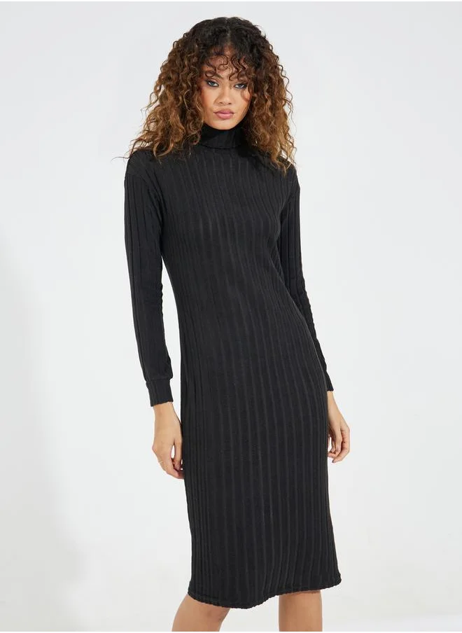 Styli Rib Turtle Neck Bodycon Midi Dress with Dropped Shoulder