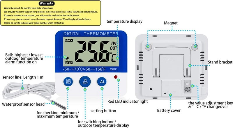 WITPOCE Fridge Freezer Thermometer Max/Min Memory LXSZRPH High & Low Temperature Alarms Settings with LED Indicator Digital Refrigeration Thermometer with Magnetic,Stander 2 pack - Image 2