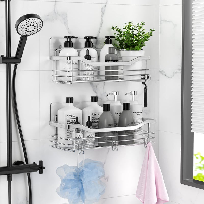 Orimade Shower Caddy Basket Shelf Storage Rack Pack of 2, No Drilling Wall Mounted Adhesive Rust Proof Stainless Steel Shower Organizer with 5 Hooks for Bathroom, Toilet, Kitchen - Image 3