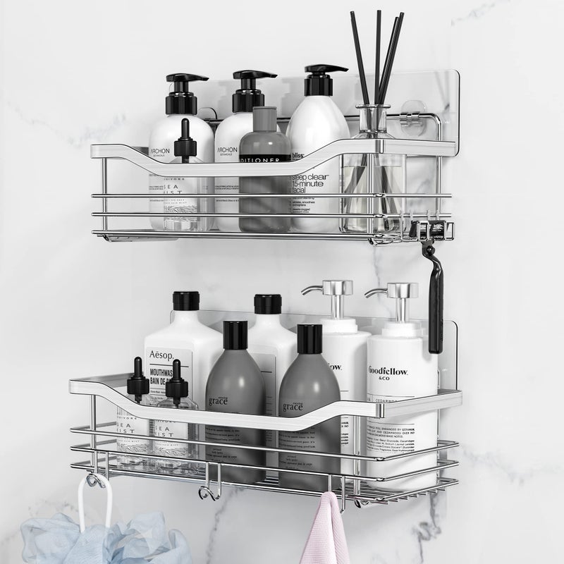 Orimade Shower Caddy Basket Shelf Storage Rack Pack of 2, No Drilling Wall Mounted Adhesive Rust Proof Stainless Steel Shower Organizer with 5 Hooks for Bathroom, Toilet, Kitchen - Image 1