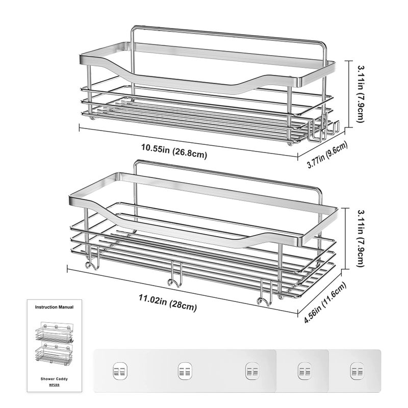Orimade Shower Caddy Basket Shelf Storage Rack Pack of 2, No Drilling Wall Mounted Adhesive Rust Proof Stainless Steel Shower Organizer with 5 Hooks for Bathroom, Toilet, Kitchen - Image 2