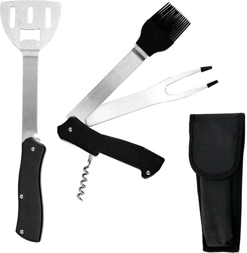 Iconikal 4in1 Folding Collapsible Swiss Camping Grilling Tool Turner Brush Fork Corkscrew - Image 1