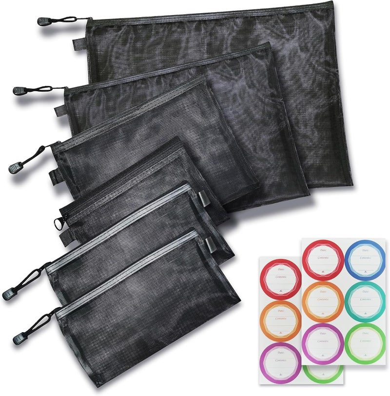 OGOLIGHT A3 File Pockets Mesh Zipper Closure Bags - 6 Pack, Lightweight Nylon Document Organizer for Documents, School, Office Supplies, Letter (A4 B5 A5 A6 2Pen Bag Black) - Image 1