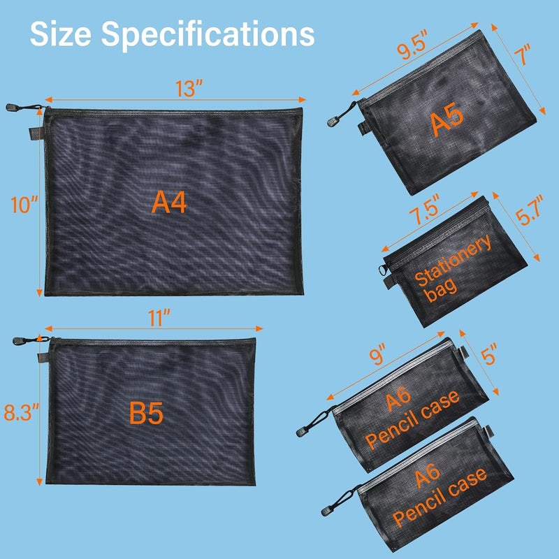 OGOLIGHT A3 File Pockets Mesh Zipper Closure Bags - 6 Pack, Lightweight Nylon Document Organizer for Documents, School, Office Supplies, Letter (A4 B5 A5 A6 2Pen Bag Black) - Image 3