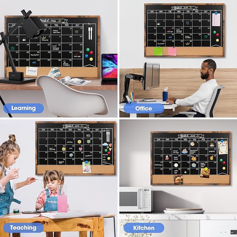 Board2by Monthly Chalkboard Calendar & Cork Board for Wall, 24 x 36 Magnetic Chalk Calendar Board Combo Board, Large Wall Mounted Combination Board Blackboard for Office, Kitchen, School, Home - Image 2