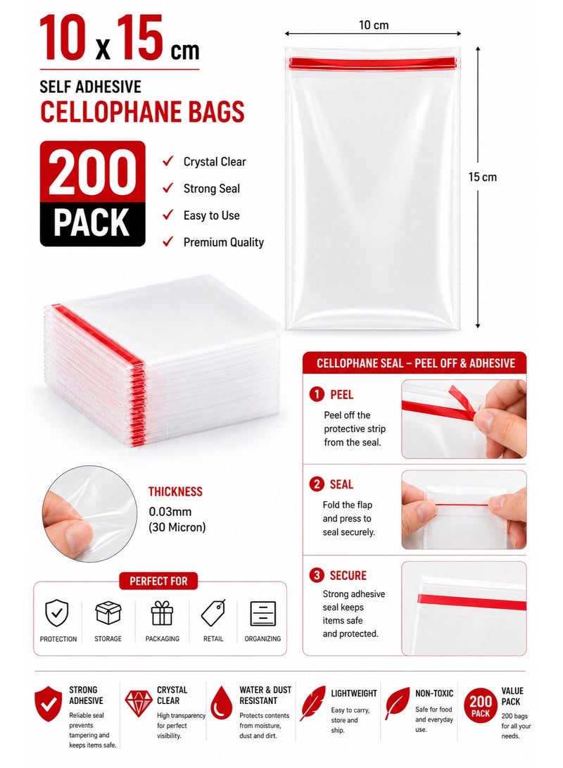 MAMATOONS 200pcs Cellophane Self Adhesive Reusable Clear Plastic Bags Perfect for Snacks Cookies Jewelry Gift Packaging Food Bag Small Size 10*15cm (4x6inch) - Image 2