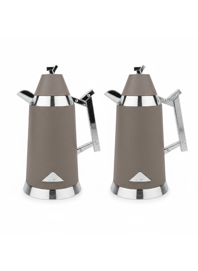 Red Home Dallah Vacuum Flask – Brown & Silver – 1L + 1L Set - Image 1