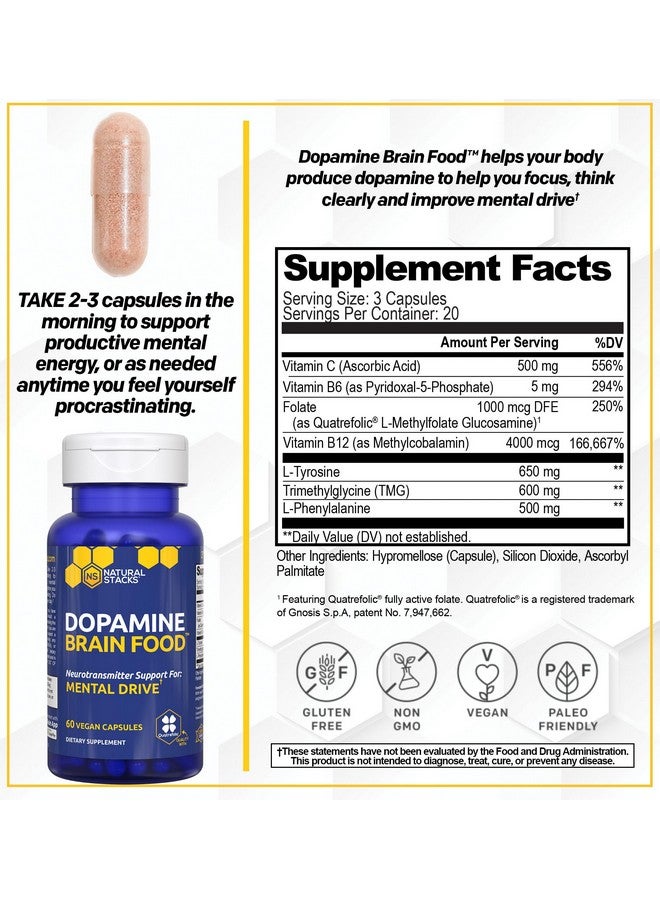 ناتشورال ستاكس غذاء الدماغ الطبيعي من NATURAL STACKS - مكمل غذائي من إل-تيروسين بتركيز 650 ملغ - مكمل غذائي من الدوبامين لتعزيز التركيز والنشاط الذهني - يدعم الطاقة الذهنية - يدعم الناقلات العصبية بفيتامينات ب - 60 كبسولة - Image 2