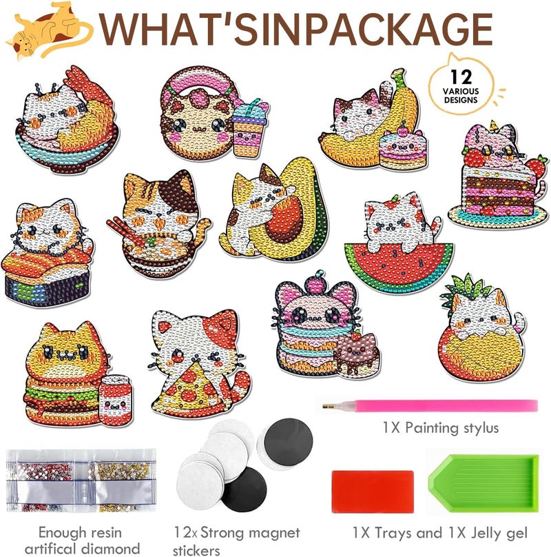 INCOK Cat Diamond Painting Magnets Refrigerator - 12 PCS DIY Diamond Art Fridge Magnets Kit Pineapple Hamburger Avocado Home Decors Art Crafts Birthday for Adults Beginners Women - Image 4