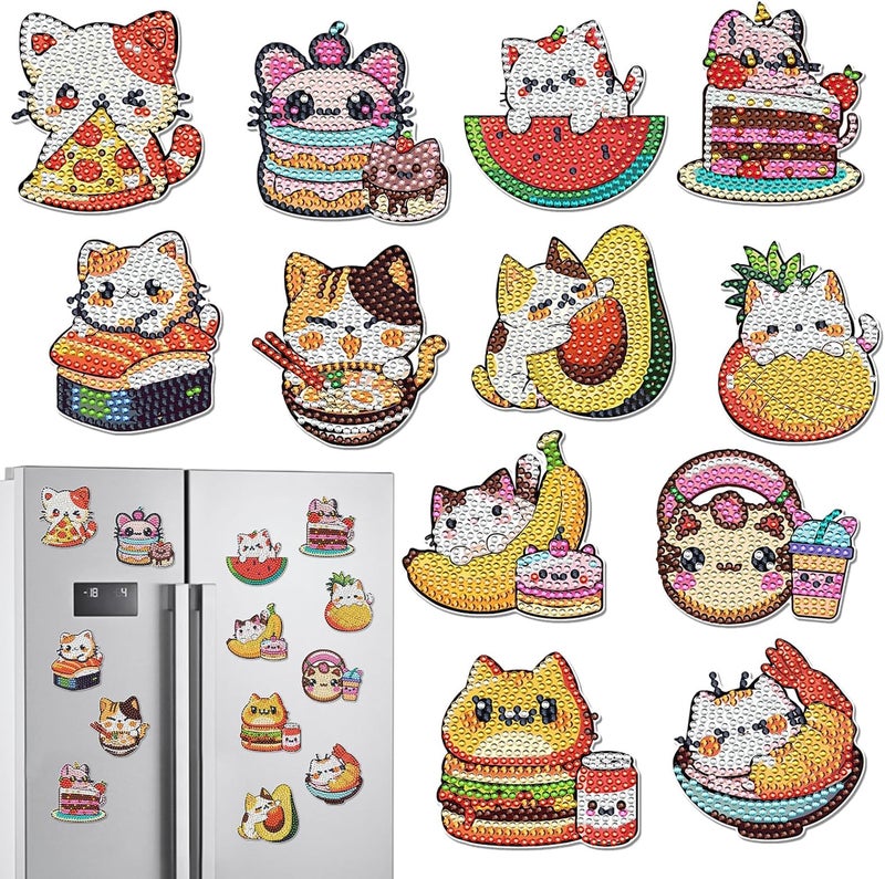 INCOK Cat Diamond Painting Magnets Refrigerator - 12 PCS DIY Diamond Art Fridge Magnets Kit Pineapple Hamburger Avocado Home Decors Art Crafts Birthday for Adults Beginners Women - Image 1