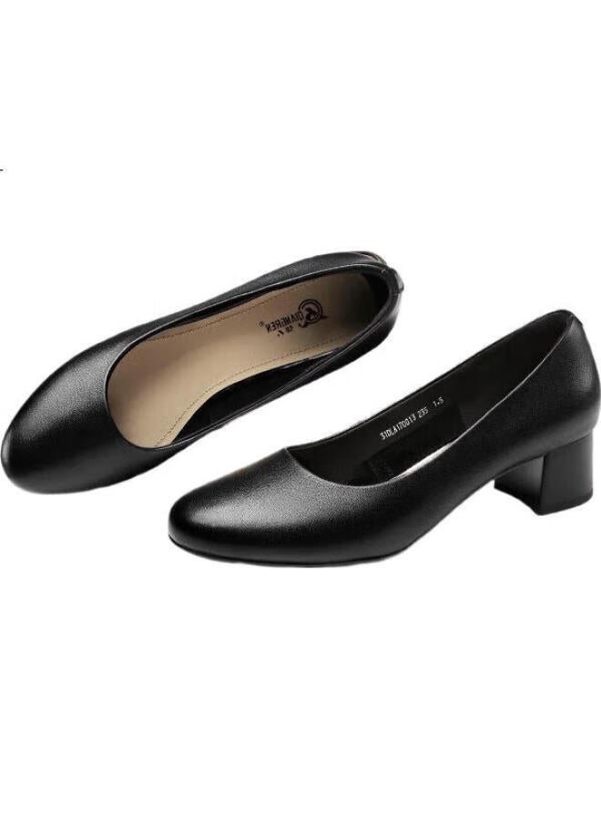Strongman Qiangren High Heels For Women, 4Cm Thick Heel, Commuter Leather Shoes, Comfortable Elegant Pointed Toe Women'S Shoes, Jda170013, Black, Size 39 - Image 2