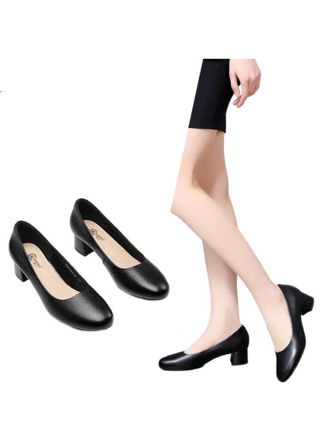 Strongman Qiangren High Heels For Women, 4Cm Thick Heel, Commuter Leather Shoes, Comfortable Elegant Pointed Toe Women'S Shoes, Jda170013, Black, Size 39 - Image 1