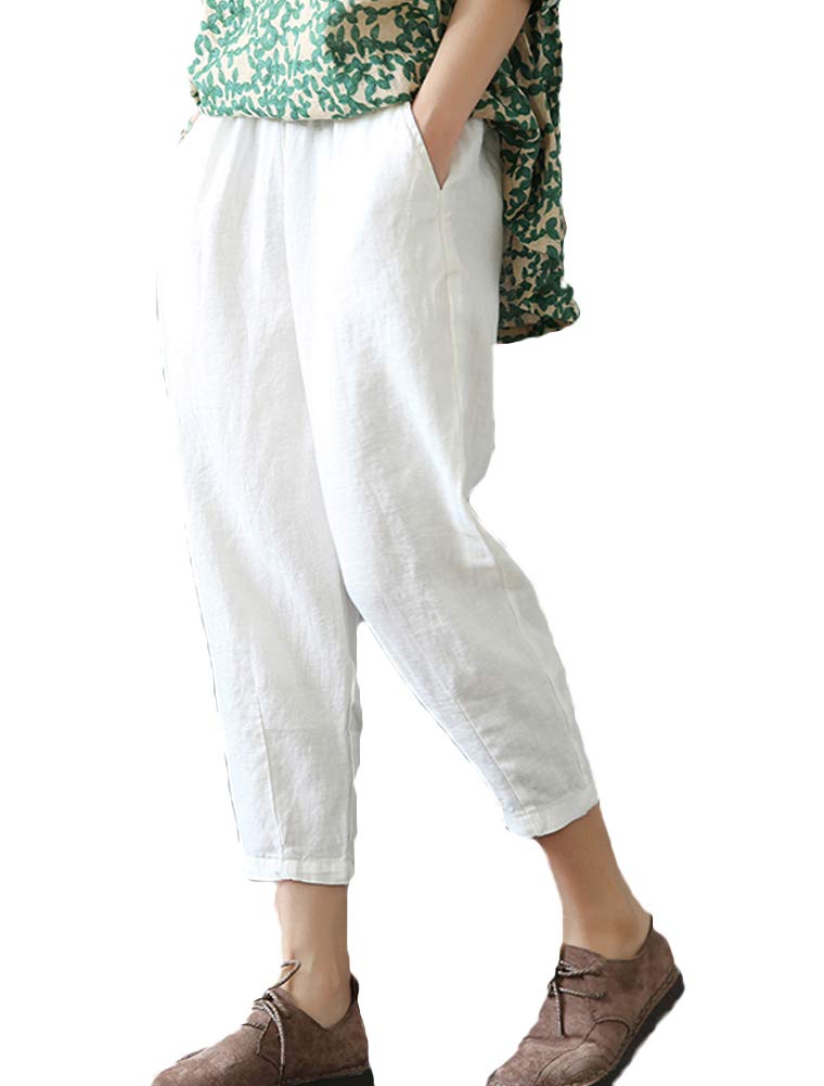LaovanIn Women's Linen Cropped Pants Tapered Ankle Capris Trousers Elastic Waist Large White - Image 1