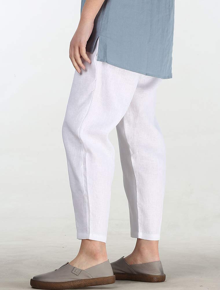 LaovanIn Women's Linen Cropped Pants Tapered Ankle Capris Trousers Elastic Waist Large White - Image 3